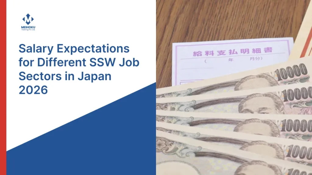 An informative graphic titled 'Salary Expectations for Different SSW Job Sectors in Japan 2026' with the logo of Meihoku Training Pvt. Ltd. The left side features bold blue text on a white background, while the right side shows a close-up photograph of several 10,000 Japanese Yen banknotes fanned out next to a pinkish payslip.
