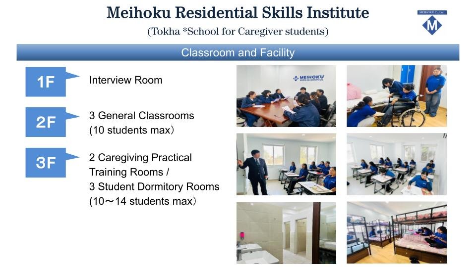 Overview of Meihoku Residential Skills Institute in Tokha featuring classrooms, caregiving practical training rooms, student dormitories, and an interview room.